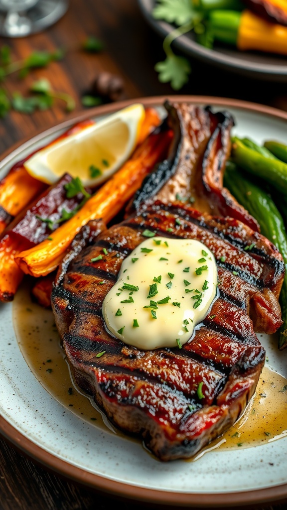A gourmet steak dinner with ribeye steak topped with garlic herb butter, surrounded by colorful roasted vegetables and a lemon wedge.